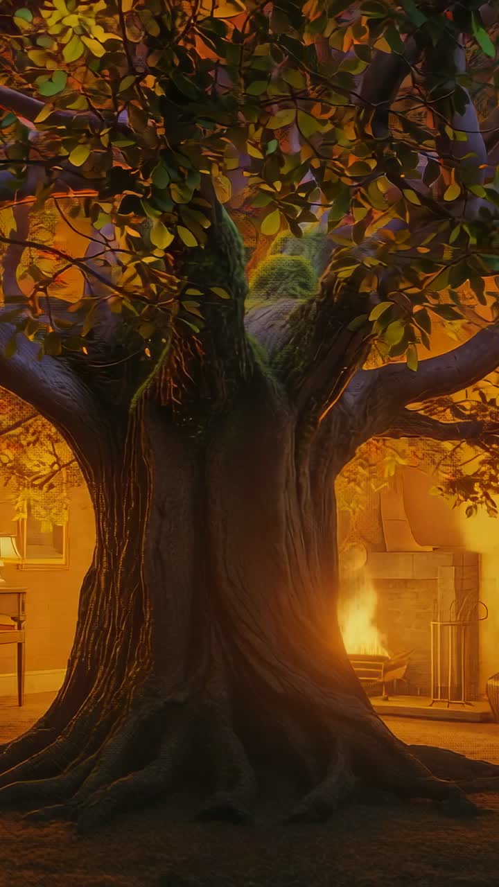 Vertical video: Showing large mossy tree trunk filling cozy room, with flickering fireplace