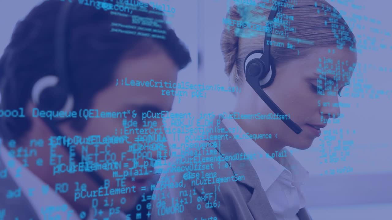 Data processing against portrait of caucasian female customer care executive smiling