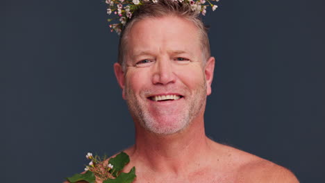 flowers, senior and beauty with face of man