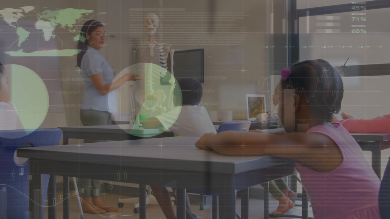 Animation of graph and data over girl making presentation on biology lesson
