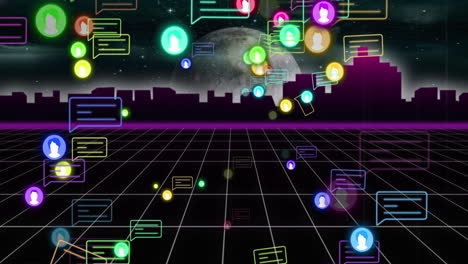 animación de iconos de medios y ciudad sobre el espacio