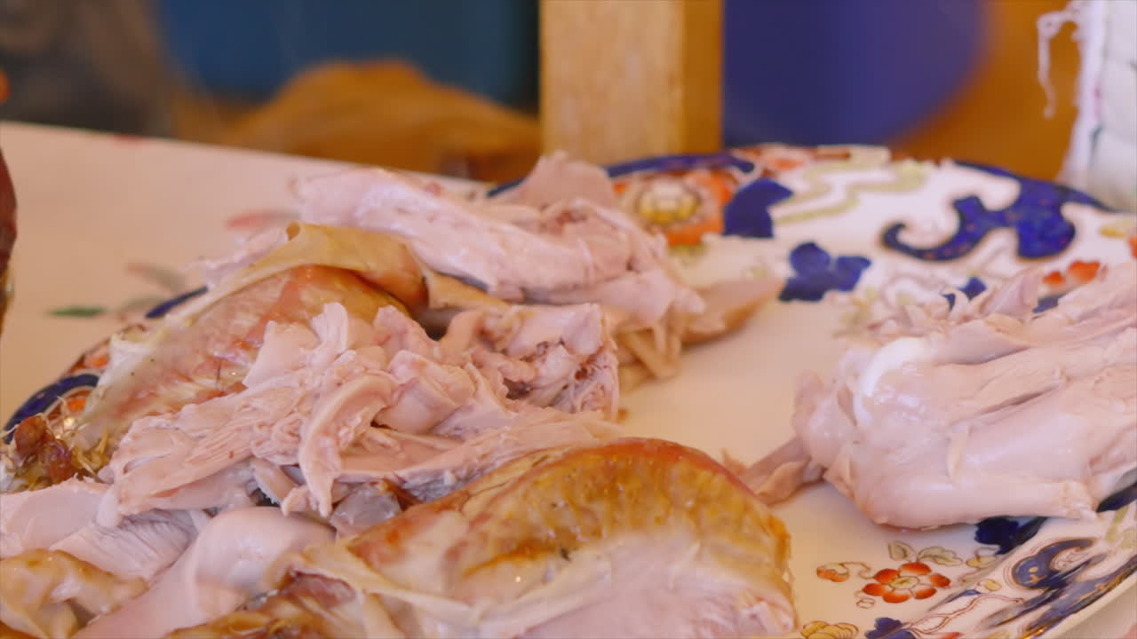 Pezzi di carne di tacchino disposti su un vassoio pronti per essere serviti agli ospiti. Volatile arrosto consumato tradizionalmente per il Giorno del Ringraziamento o a Natale