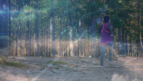 animation of network of connections over woman running exercising in forest