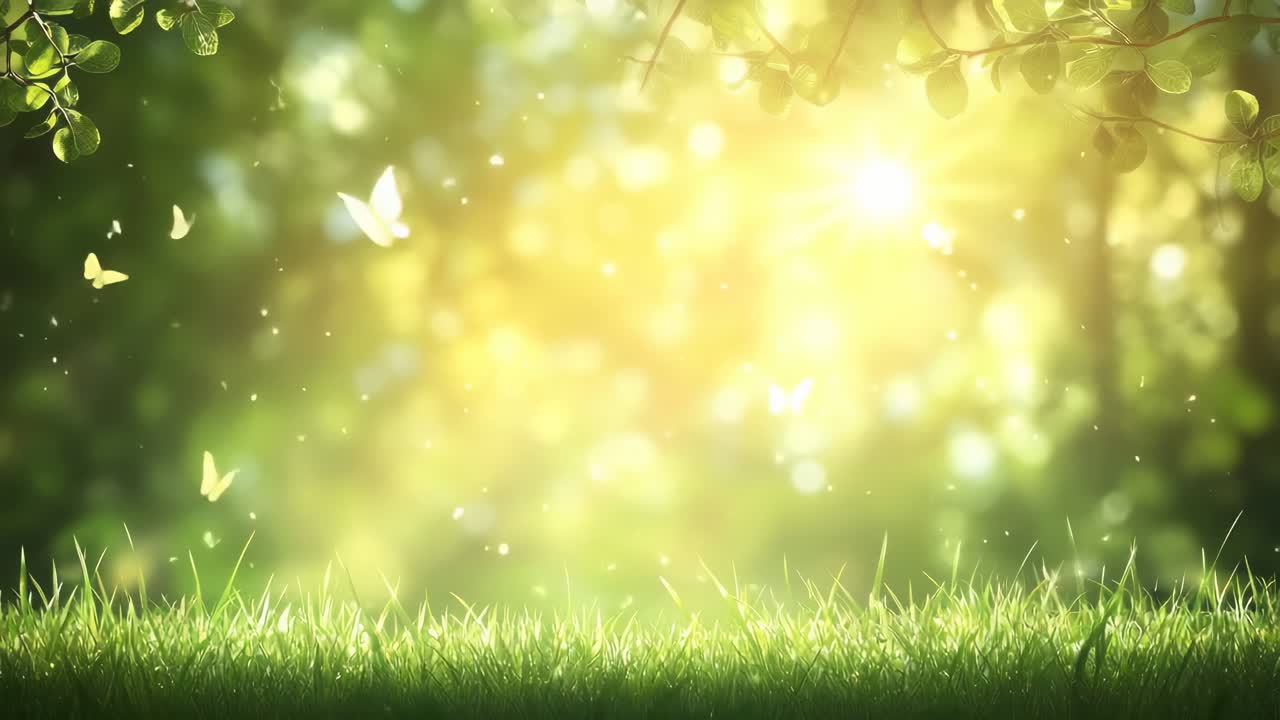 A serene nature scene with sunlight filtering through leaves, butterflies fluttering