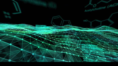 animation of element diagrams and data processing over glowing green network waves