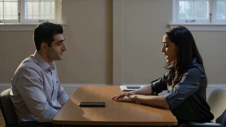 Gesturing woman in dark blouse explaining proposal at meeting room, smartphones notebook visible