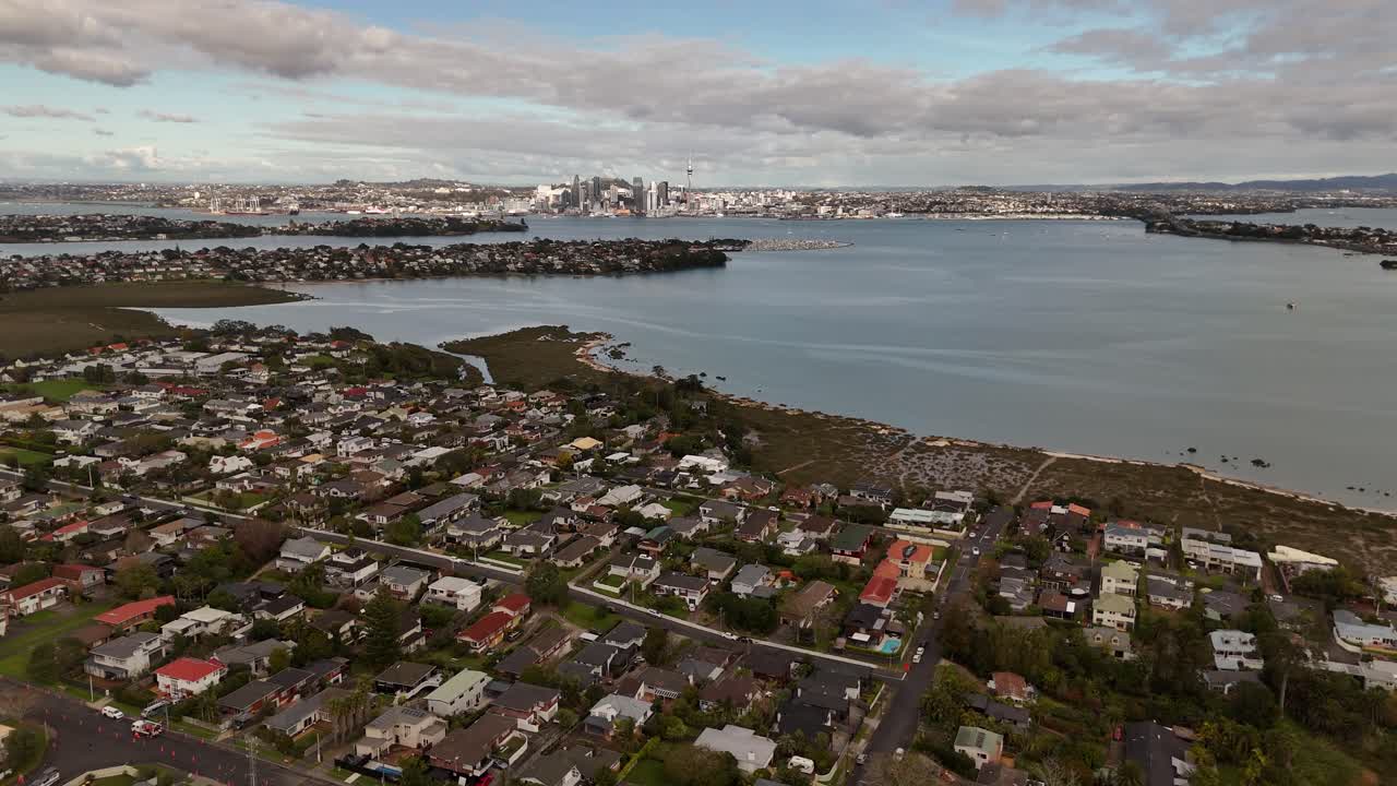 Panoramic aerial view of Auckland city showing the Takapuna area and Shoal Bay