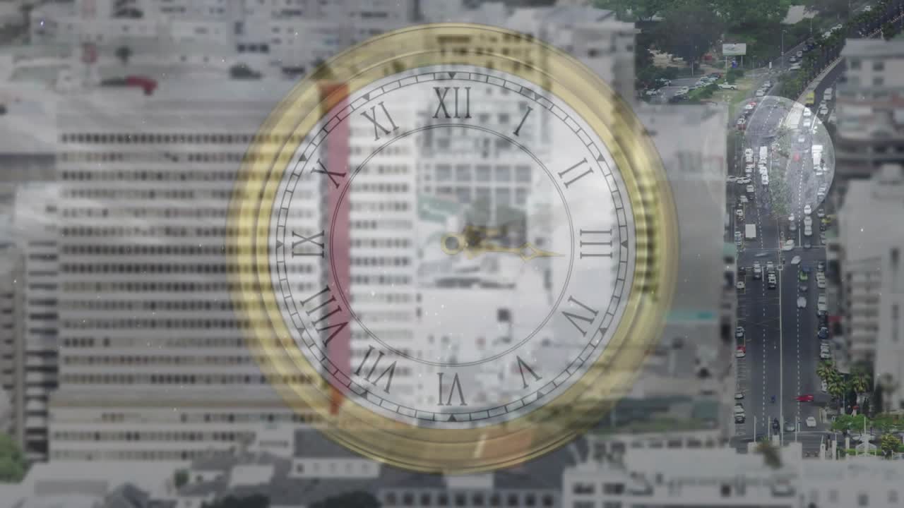 Analog clock fading in over tower-lined highway, rim rotating while moon disc drifting marking time