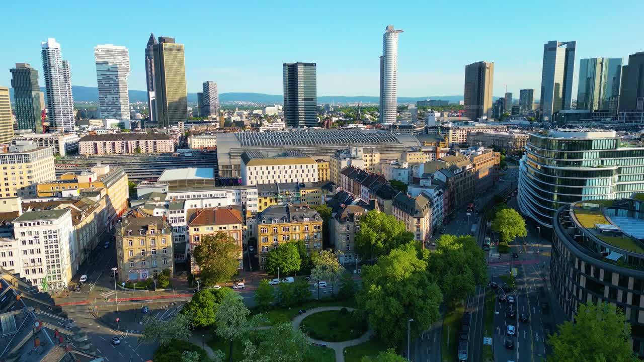 4K Aerial Drone Video of Historic Train Station and Modern Office Buildings in Downtown Frankfurt, Germany