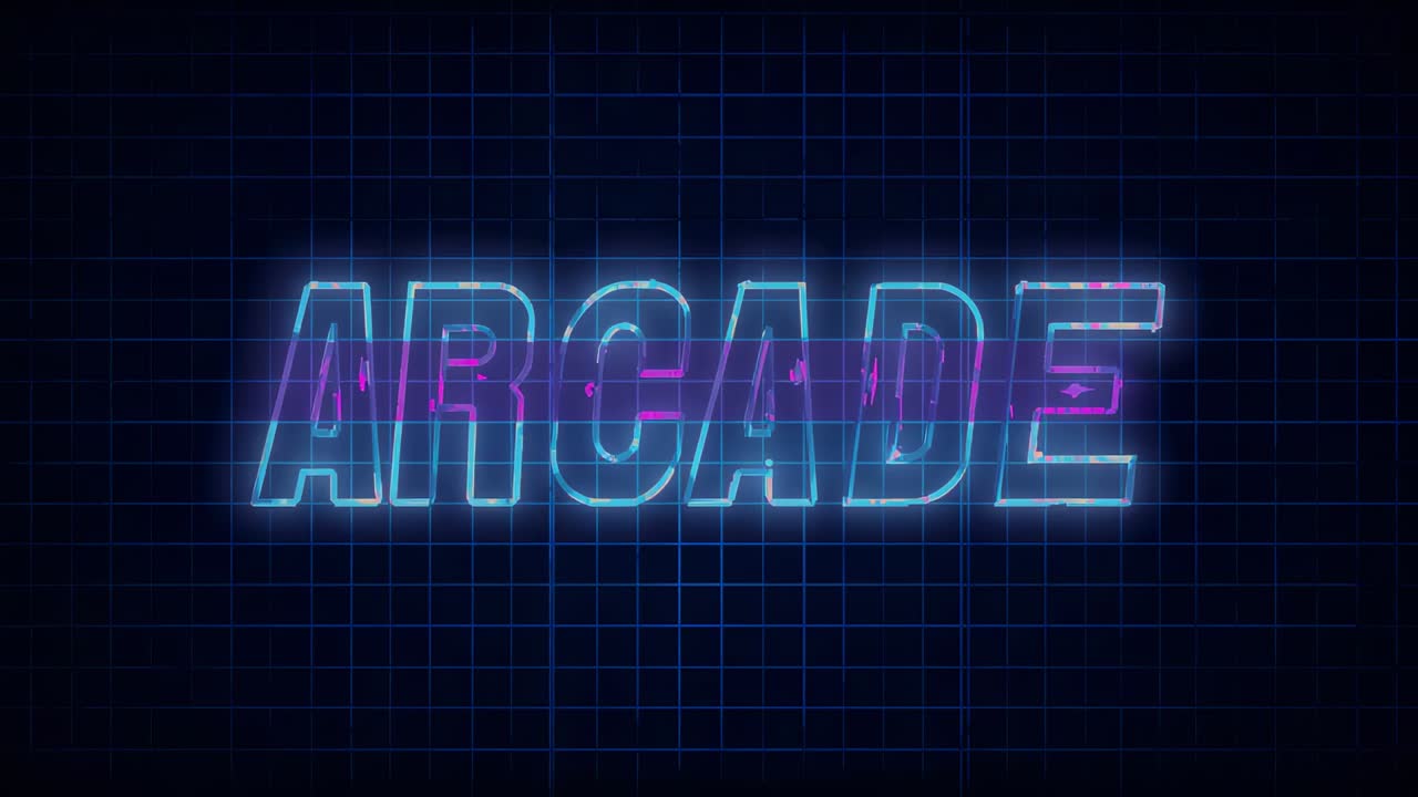 On startup neon sign spelling ARCADE pulsing pink-white glow over dark blue grid, evoking nostalgia