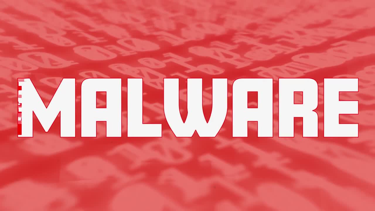animación de malware de palabras sobre el procesamiento de datos científicos en fondo rojo