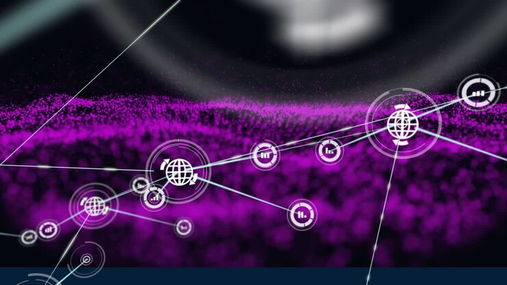 Animation of network of connections with icons over glowing purple mesh