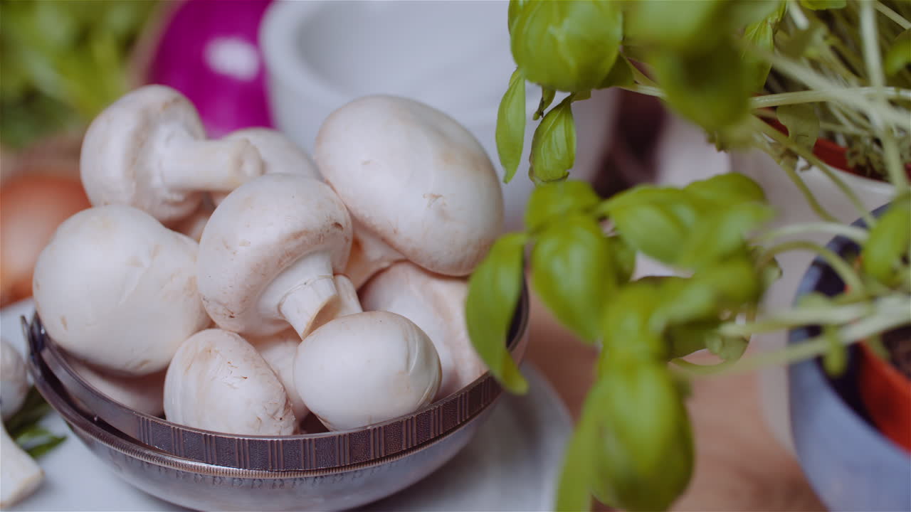 Close Up Of Fresh Mushrooms And Basil