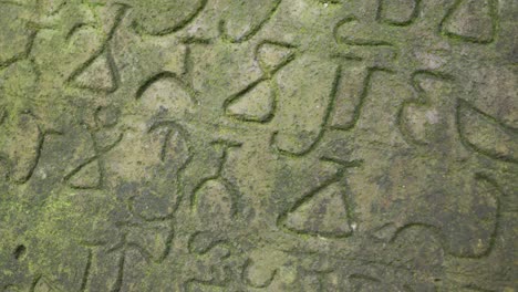 close-up of ancient sundanese script carved on mossy stone, historical and mysterious
