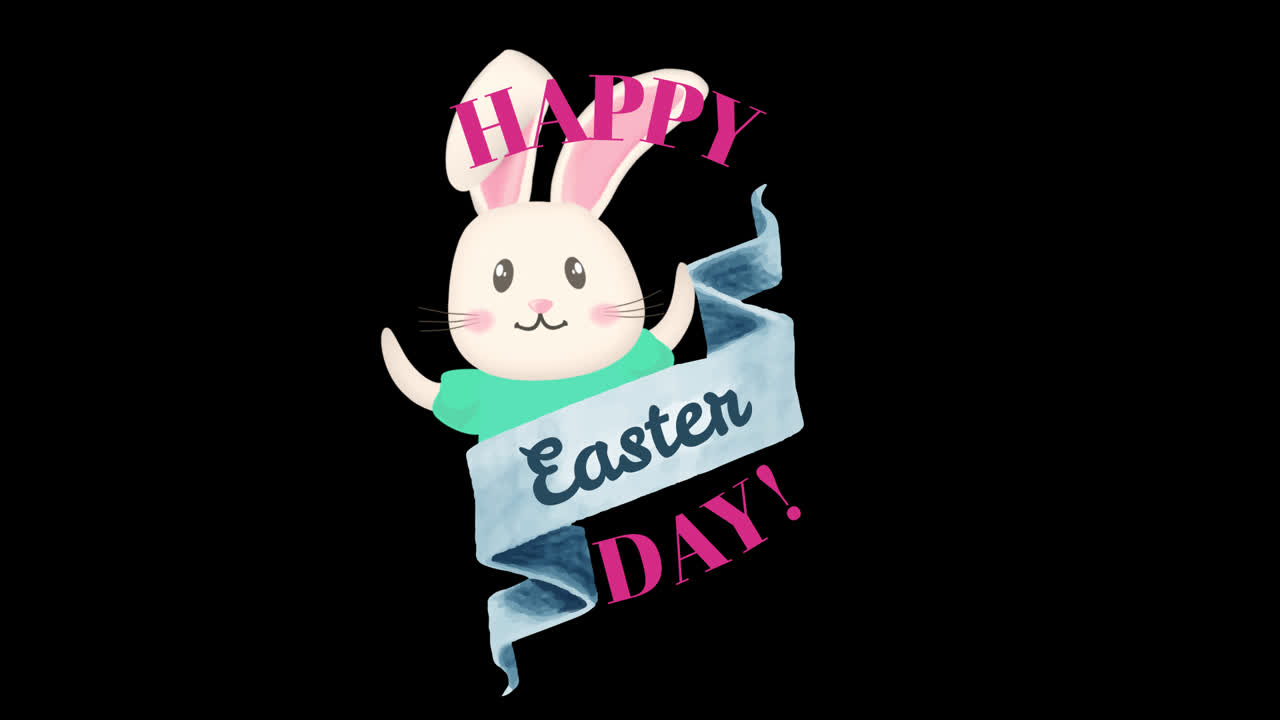 Coniglietto dei cartoni animati animato che saluta con il banner di Buona Pasqua