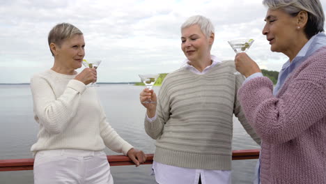 tres mujeres mayores tomando una copa cerca de un lago 1