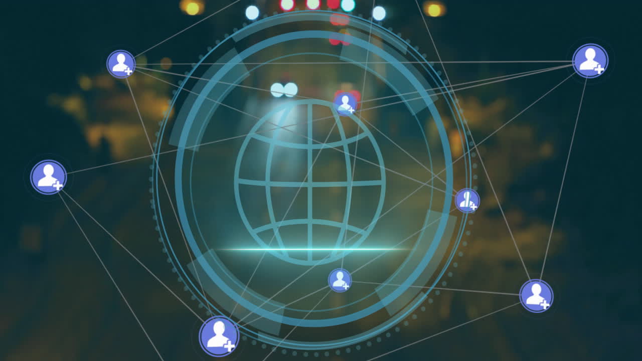 글로벌 네트워크 연결 및 사용자 아이콘 애니메이션과 흐릿한 도시 조명