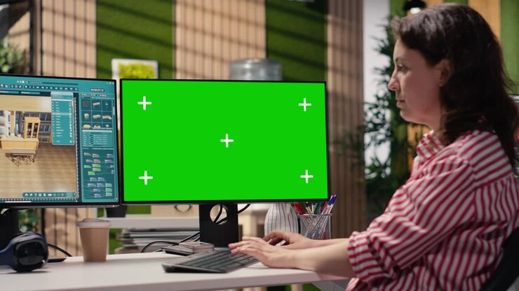 Donna che Lavora al Computer con Monitor Green Screen in Ufficio