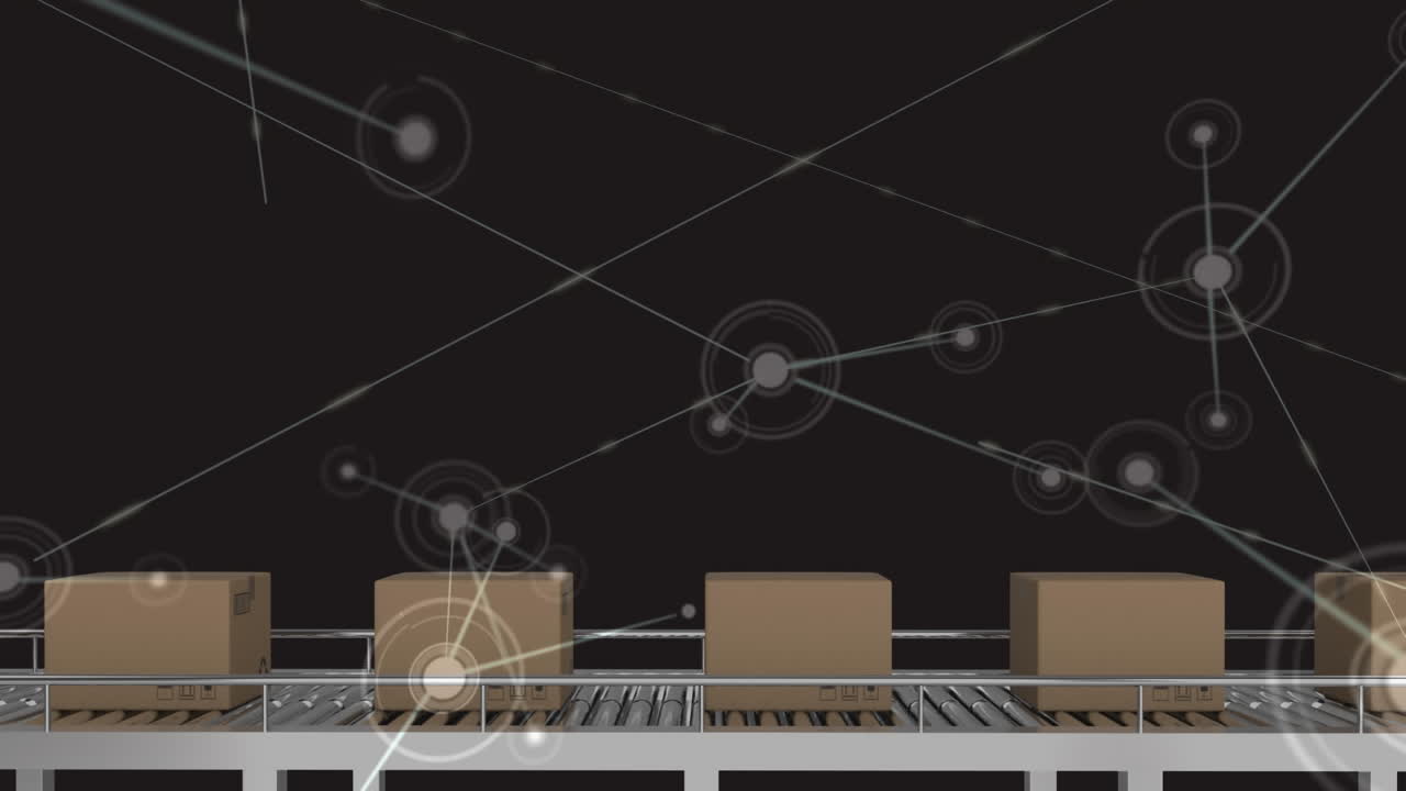 animación de la red de conexiones sobre cajas en cintas transportadoras en el almacén