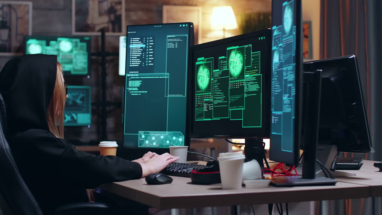 Female hacker wearing a hoodie to cover her face