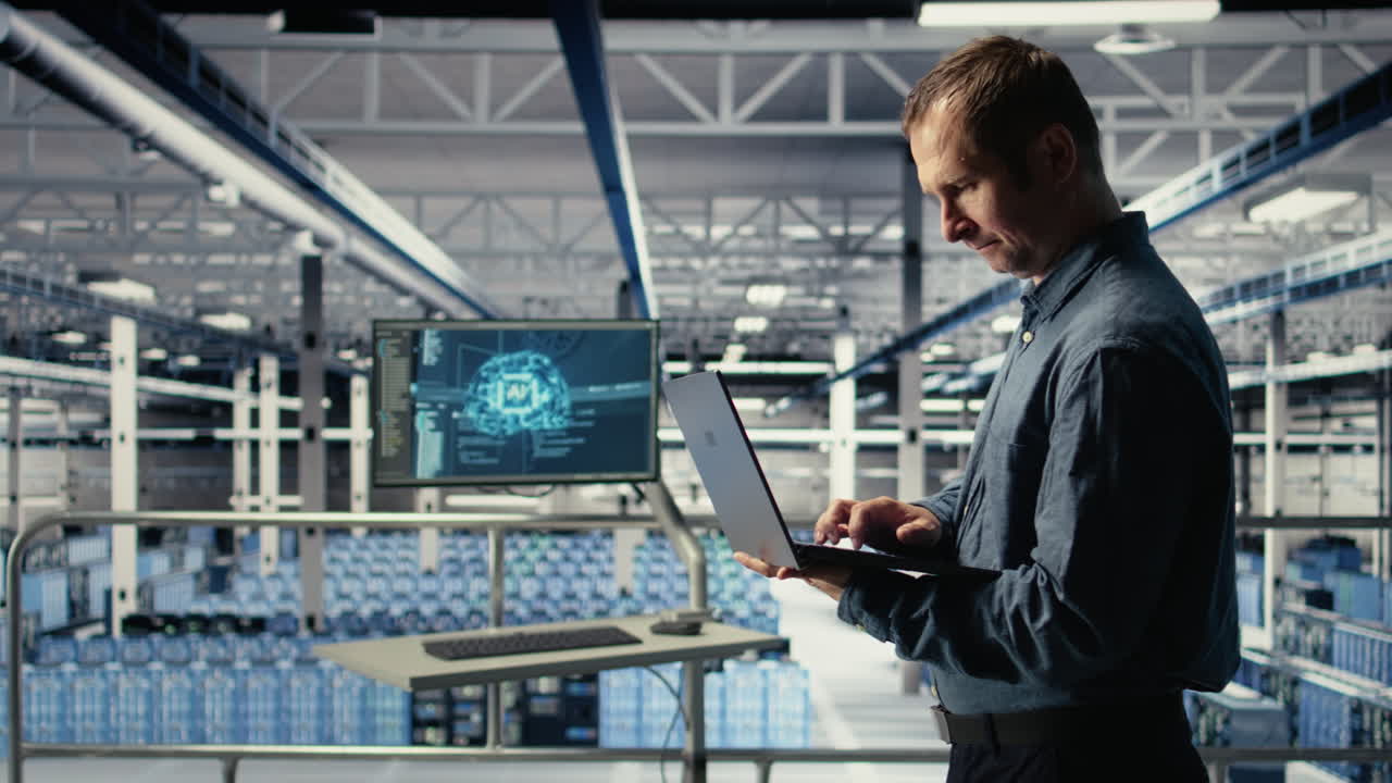 Technician Monitors Server Room Activity Using Laptop While Walking In Facility