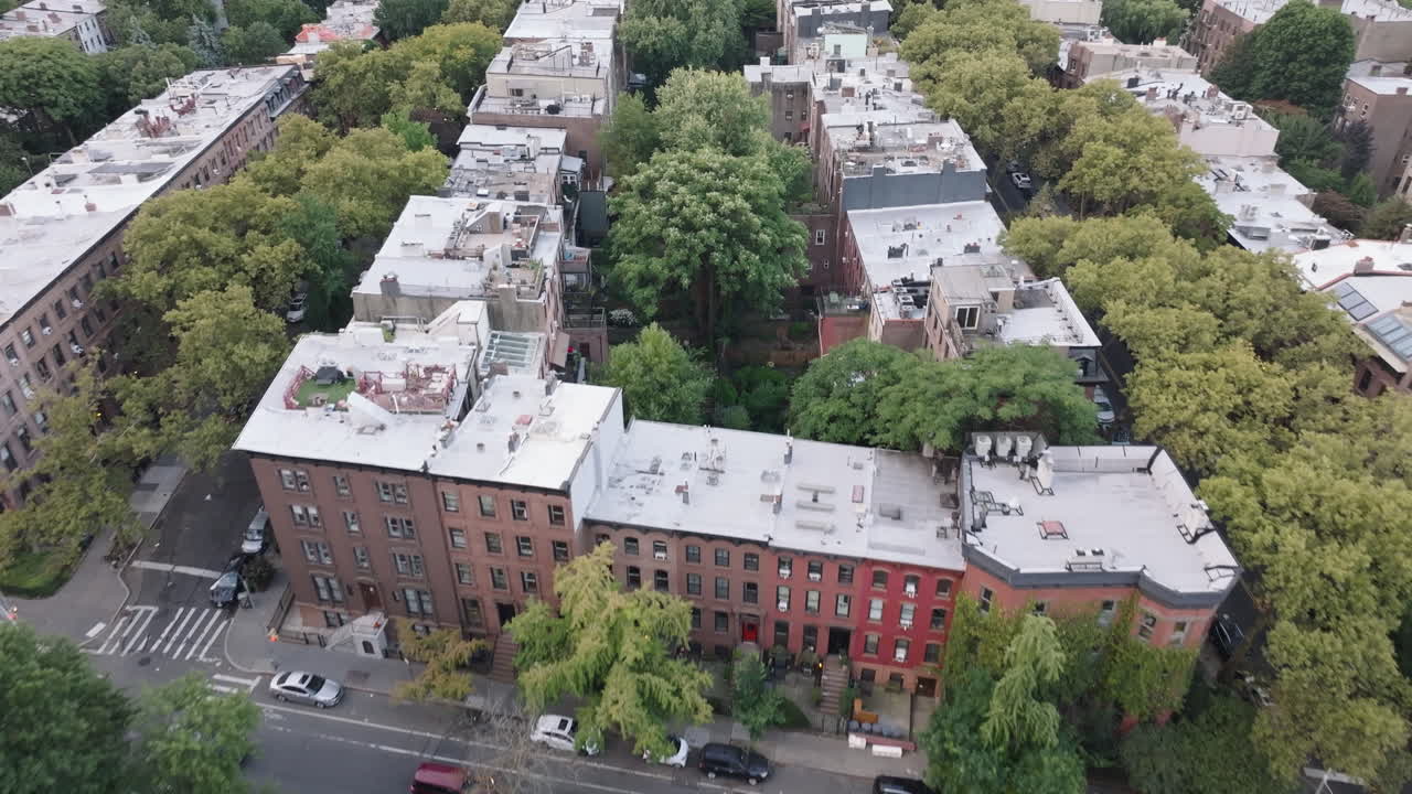 Aerial view of Fort Greene, Brooklyn on an summer morning. Shot on an overcast morning in New York City.