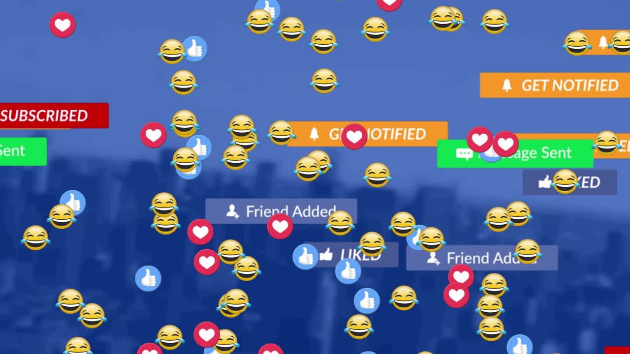 이모티콘의 애니메이션과 소셜 미디어 반응이 파란 도시 풍경 위에 떠다니고 있습니다.