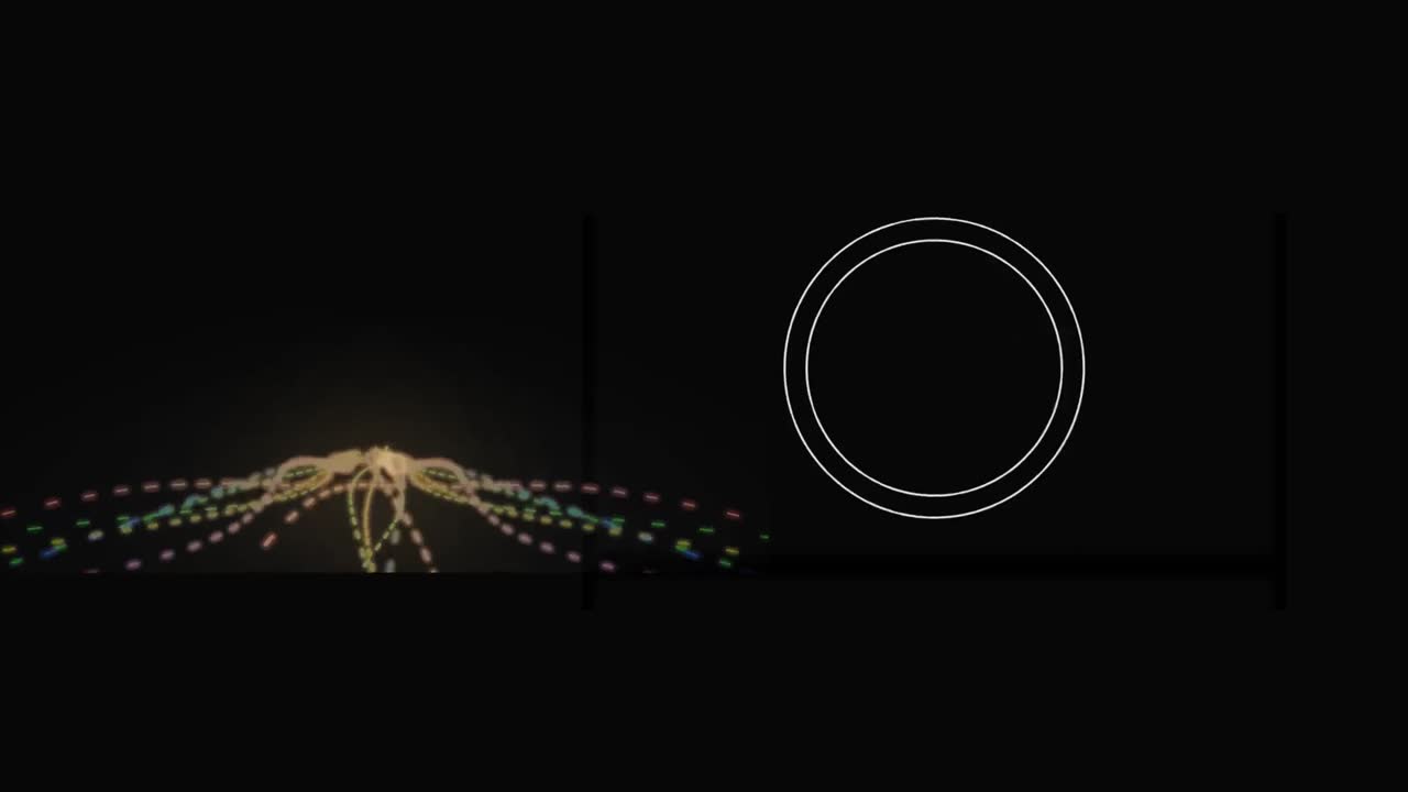 검은색 배경 위에 움직이는 노란색 점선과 원의 애니메이션