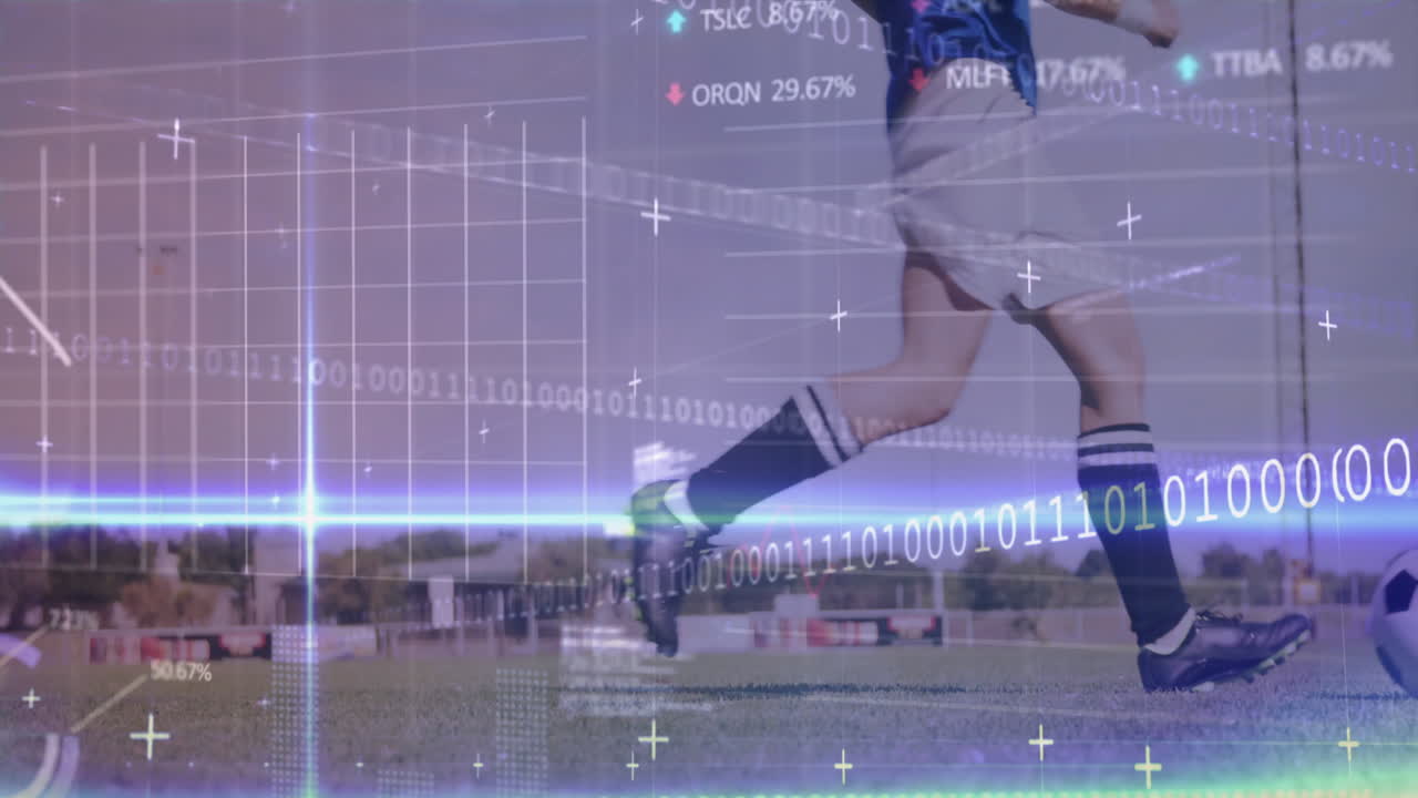Running on field, soccer player with digital animation and binary code ...