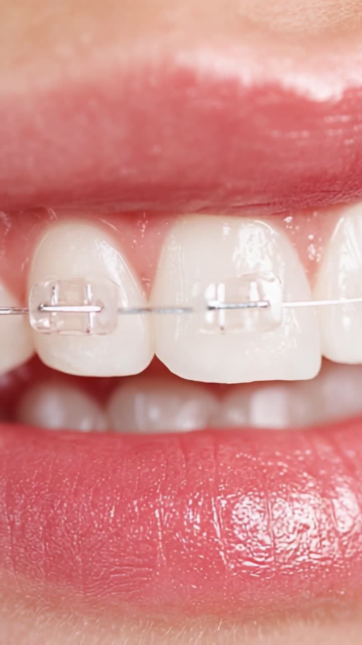 A Close-Up of a Person's Teeth Highlighting Clear Braces and Healthy Smile, Showing Dental Care and Orthodontic Progress in the Before-and-After Transition