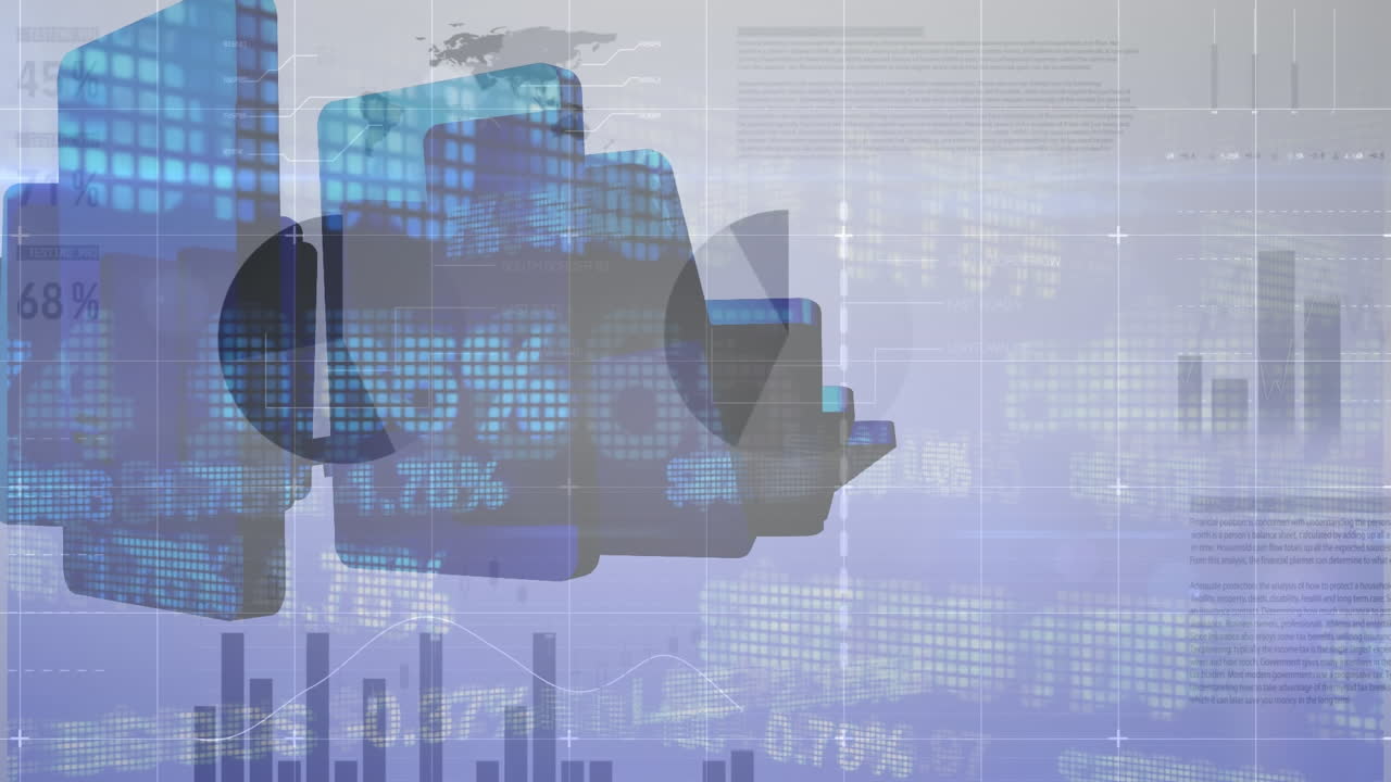 Animation of financial data processing over grey background