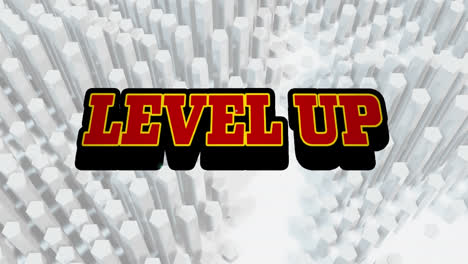 animation of level up text over a retro speech bubble against 3d shapes moving in seamless pattern