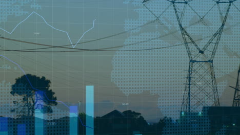 Electricity pylons being visualized at dusk, showing digital grid, world map and data charts