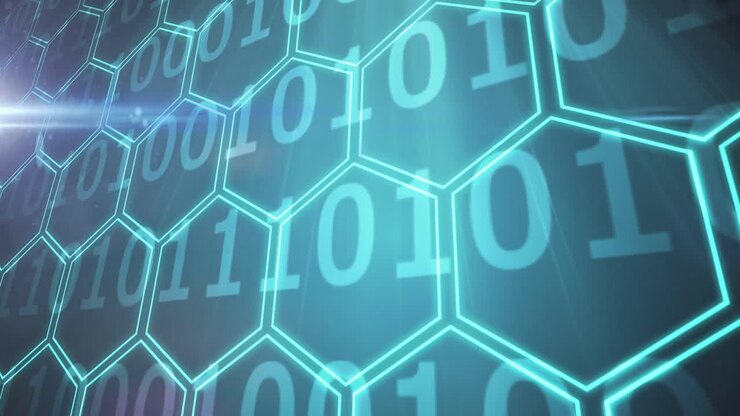 Animation of binary coding and network of glowing green hexagons