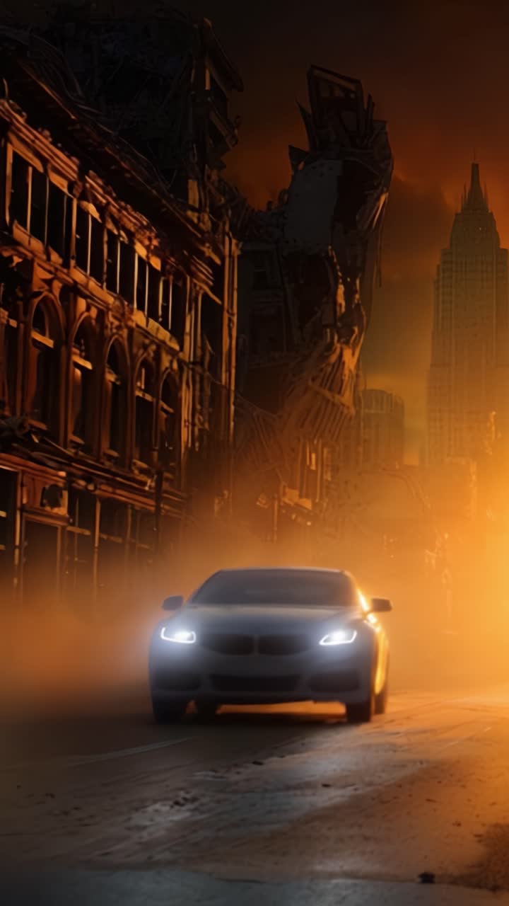 Un'auto solitaria attraversa un paesaggio urbano desolato, mostrando un ambiente post-apocalittico con edifici fatiscenti e un cielo inquietante e luminoso al tramonto
