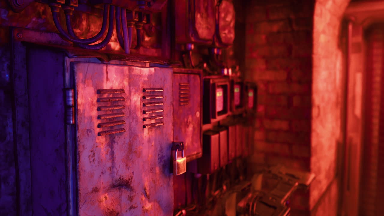 Lighting effects on industrial machinery in a dimly lit warehouse