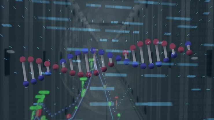 Animation of dna strand and globe with data processing over server room