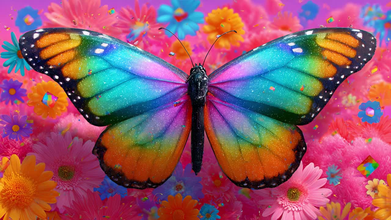 A Vibrant Colorful Butterfly Spreading Its Wings Amidst a Field of Blossoming Flowers, Capturing the Essence of Nature's Beauty Through Its Iridescent Hues and Canvas of Petals