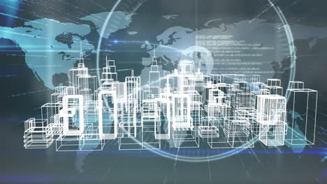 animación de la ciudad digital sobre el mapa del mundo y procesamiento de datos diversos