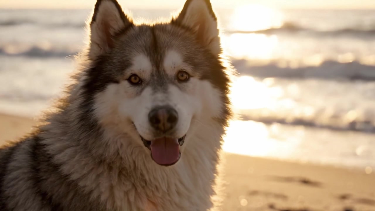 Un maestoso compagno canino si gode il sereno tramonto sulla spiaggia, catturando l'essenza della tranquillità e della bellezza della natura attraverso la sua presenza aggraziata.