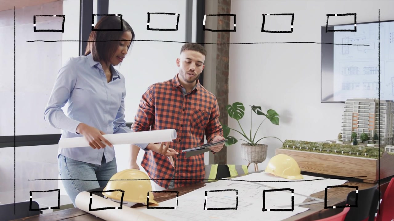 Woman unrolling plans, pointing blueprints; man using tablet, live labels guiding building review