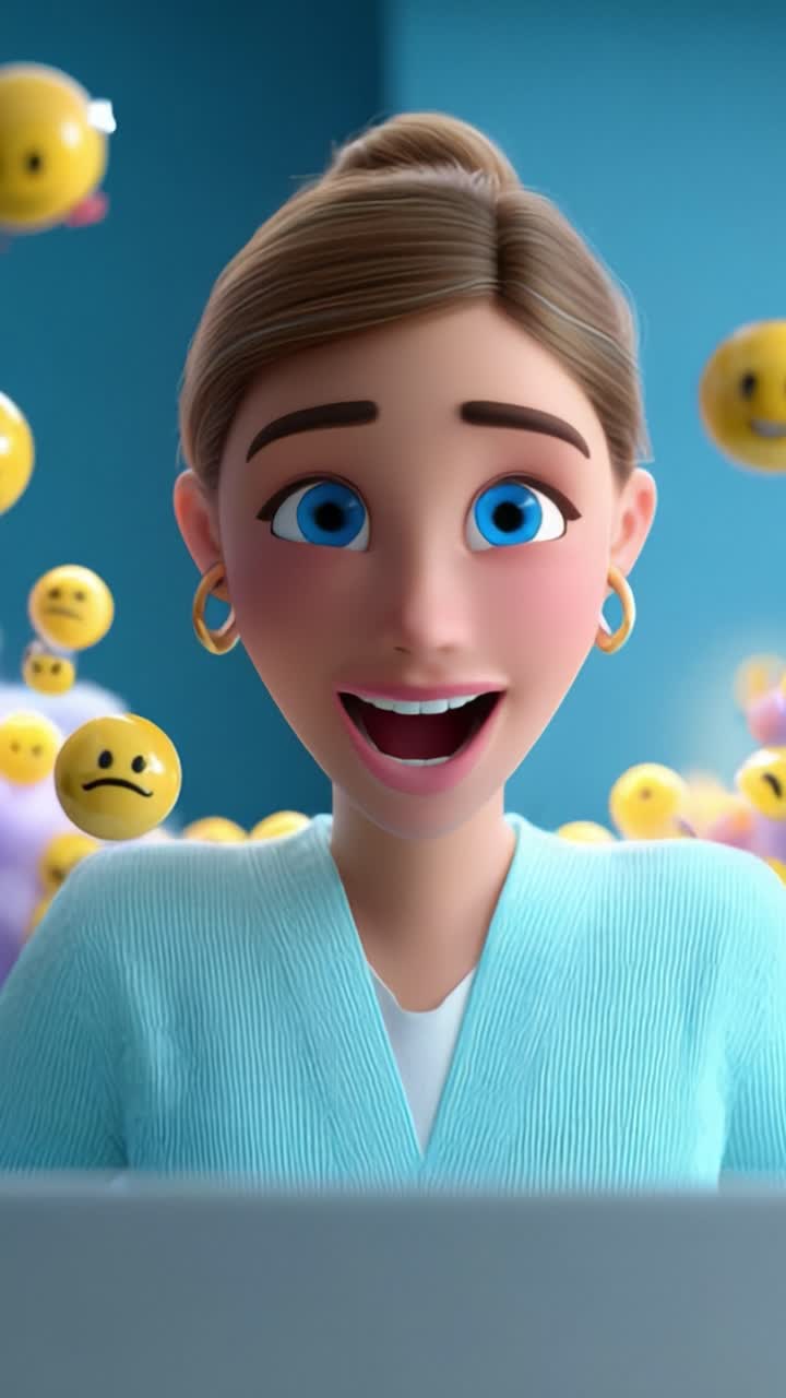 The Emotional Journey of a Young Woman Navigating Digital Interactions with Mixed Feelings of Joy and Concern, Encapsulated in Smiley Faces and Expressions