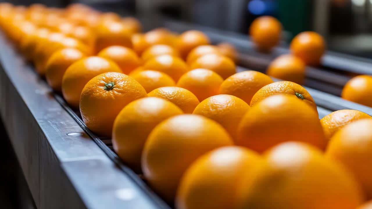 Oranges on a Conveyor Belt in a Food Processing Plant