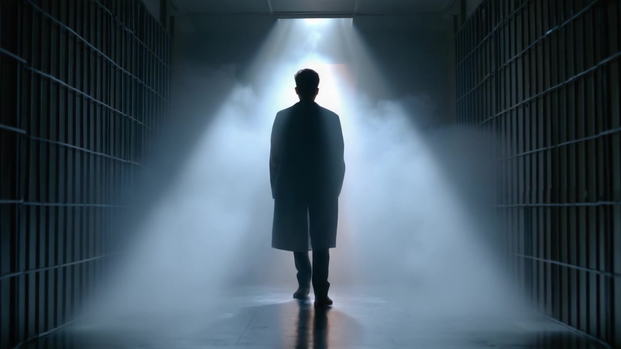 A Mysterious Figure Emerges from the Shadows in a Dimly Lit Corridor, Surrounded by Fog and Bars, Creating Tension and Anticipation in a Dark Setting