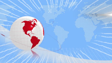 rotating globe with red continents and world map animation on blue background