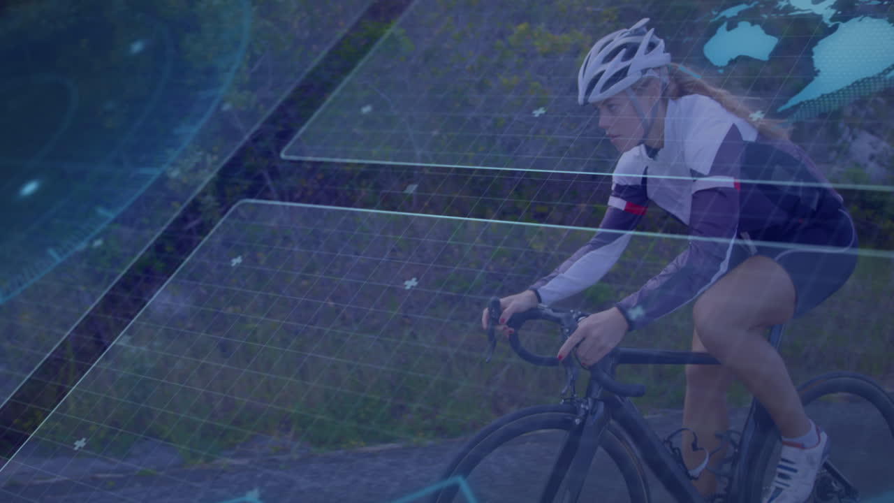 animación del procesamiento de datos sobre la mujer caucásica en bicicleta