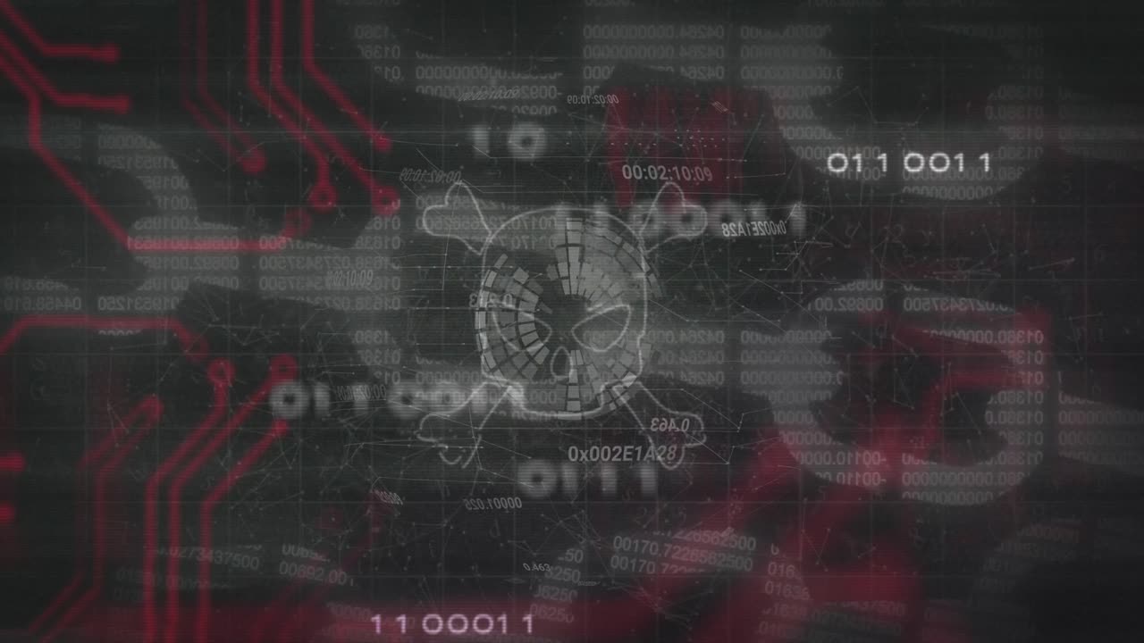 Animation of skull with bones, data processing and block chain over black background