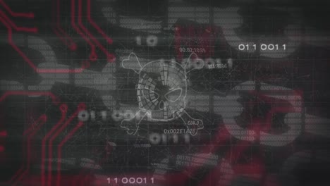animación de cráneo con huesos, procesamiento de datos y cadena de bloques sobre fondo negro