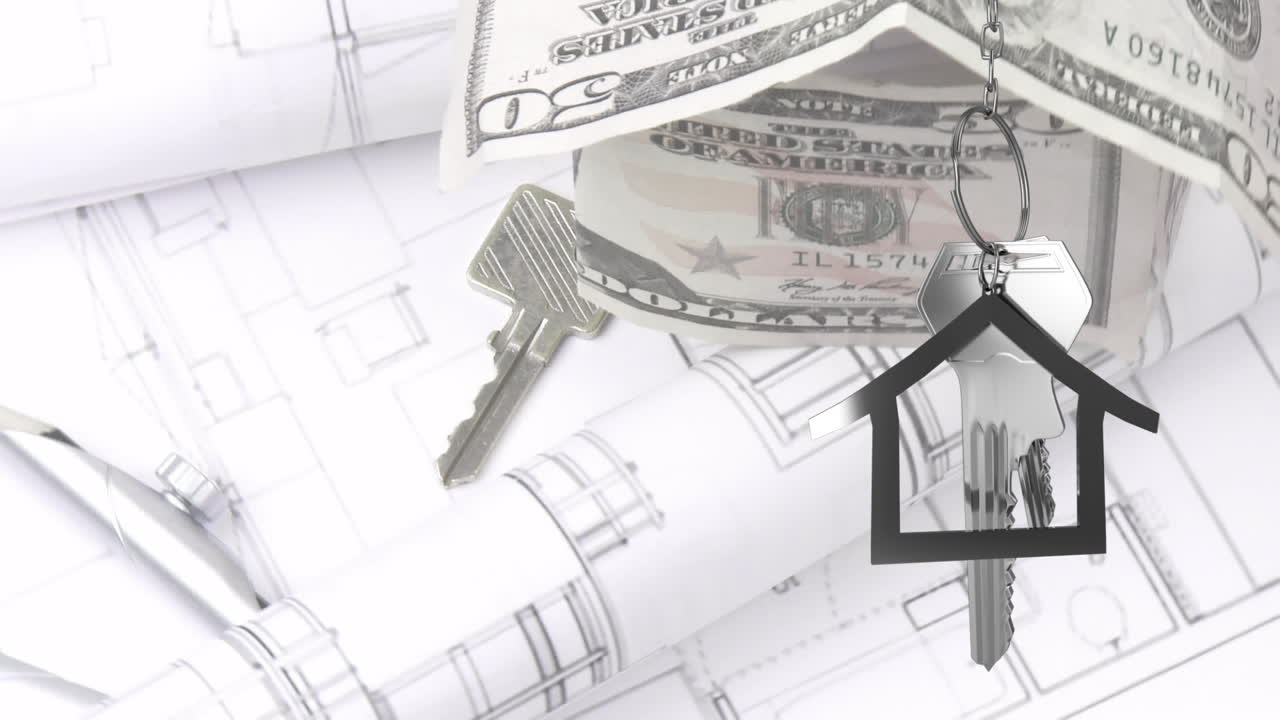Animazione di chiavi di casa appese su disegni architettonici rotanti, banconote di dollari e chiave di casa.