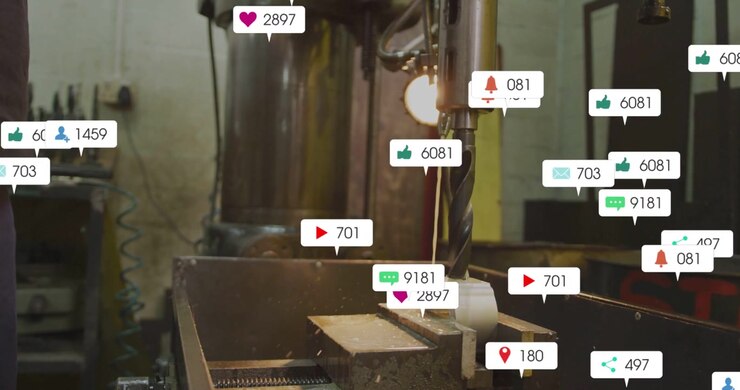 Icons popping right edge sparking flood while drill cutting metal part showing focus shift